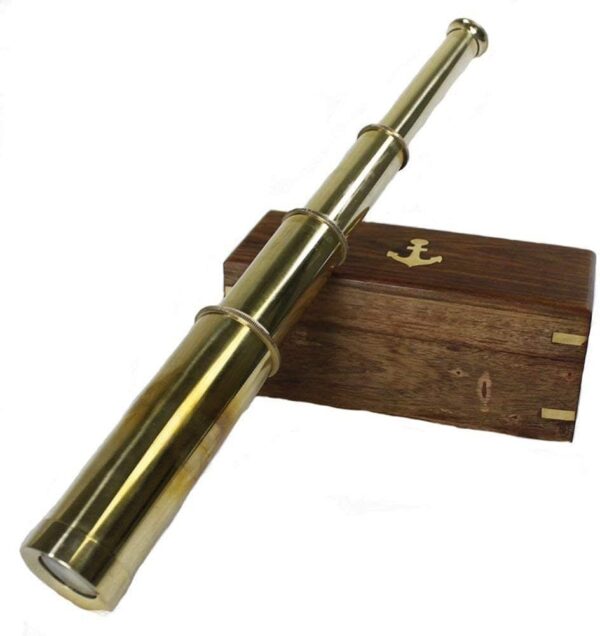 15" Solid Brass Handheld Telescope with Wooden Box - 12x Magnification