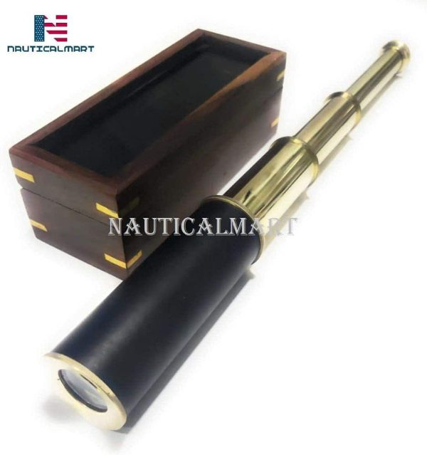 14" Brass Pirate Telescope with Wooden Glass Box- Nautical Brass Finish