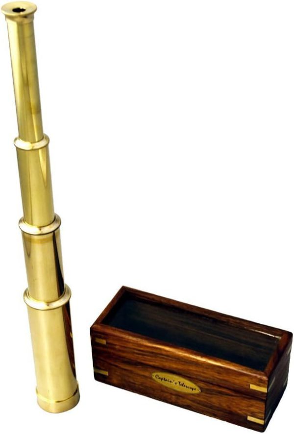 15" Handheld Brass Telescope with Wood Box - Nautical Captain