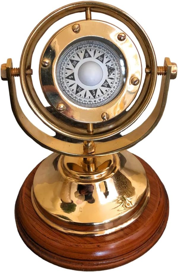 5'' Brass Gimbal Compass with Stand Fully Functional Directional Compass Nautical 3X Glass Home Decoration Display Piece Vintage Marine Gift Decor