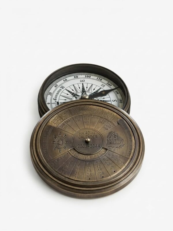 40 Year Calendar Compass with Engraved Wood Box - Vintage Nautical Compass, Antique Style Desk Decor, Steampunk Gift, Collectible
