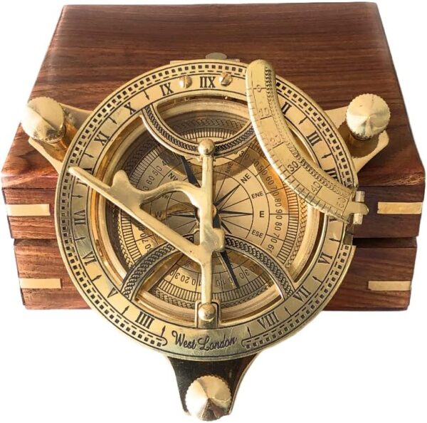 4" Sundial Compass Solid Brass Sun Dial (3" w/Wooden Box)
