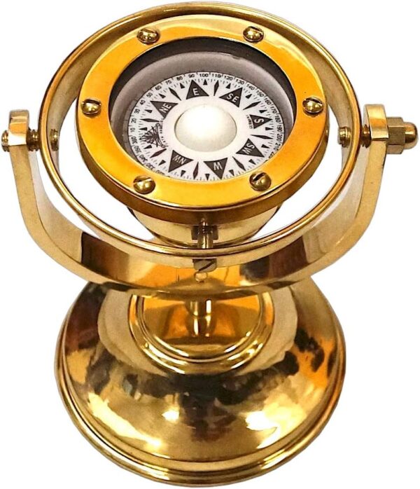 5" Brass Plated Gimbaled Brass Compass with Stand - Display Piece