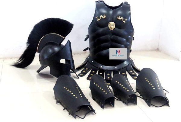 300 Spartan Helmet Maximus Muscle Body Armor & 300 Helmet & Leather Leg & ARM Guard Halloween Costume