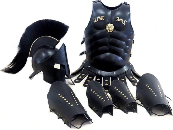 300 Spartan Helmet Maximus Muscle Body Armor & 300 Helmet & Leather Leg & Arm Guard Halloween Costume Black