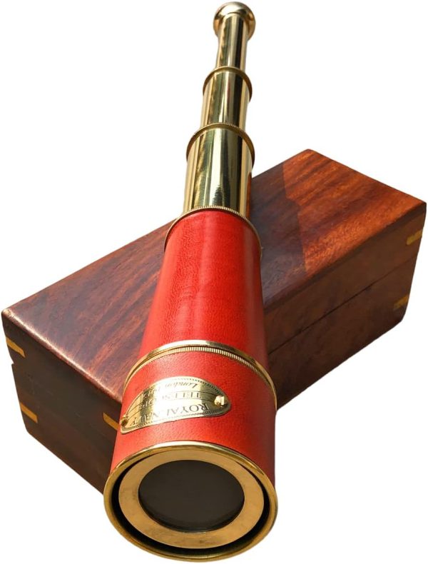 16" Royal Navy Brass Pirate Leather Telescope W/Wooden Box Gift by NauticalMart