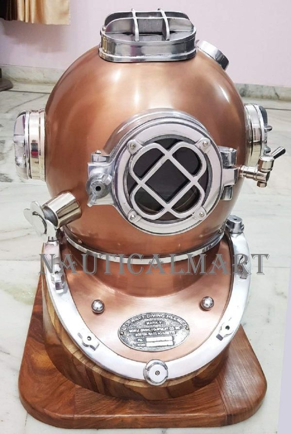 18 inch US Navy Marine Mark V Deep Sea Scuba Antique Divers Diving Helmet Reproduction with Wooden Stand