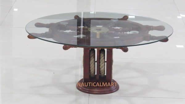 24" Ship Wheel Table with Wooden Pulley Base Nautical Gift