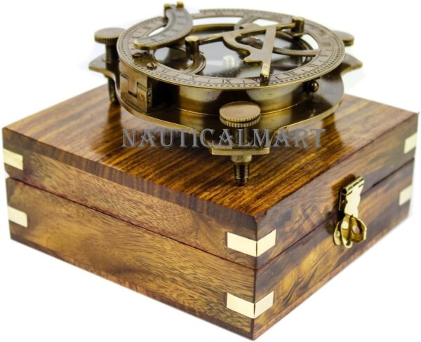 5" Triangular Beautiful Nautical Sundial Compass with Level Meter Encased in Genuine Rosewood Anchor Inlaid Case | Maritime Decor Gifts