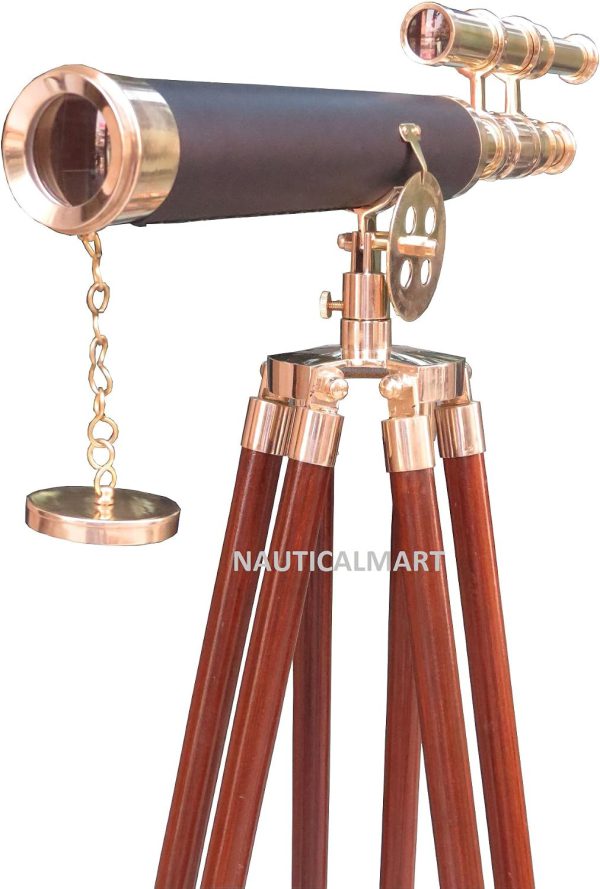 1970'S Leather Brass 18" Elegant Telescope Rosewood Tripod COLLECTABLE Decor by NAUTICALMART