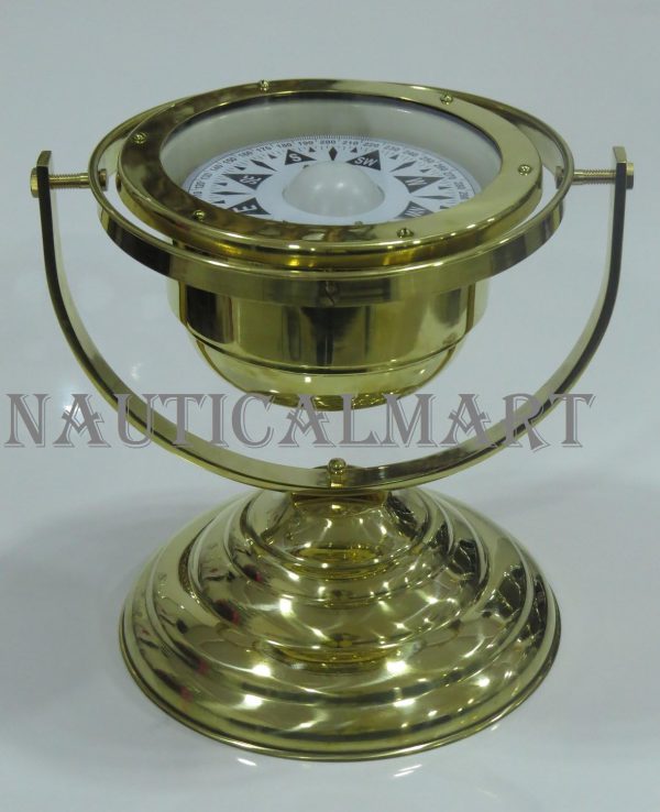 11" Brass Plated Gimbaled Brass Compass with Stand - Display Piece