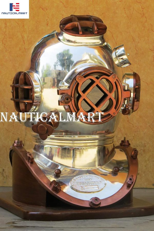 18" Antique Morse Scuba Diving Divers Helmet Mark V with Wooden Base