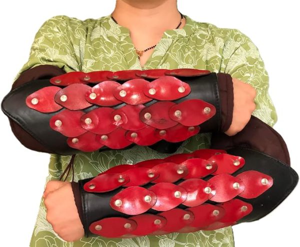 2 Pack Unisex Leather Dragon Scale Gauntlet Wristband Wide Bracer Arm Armor Cuff Historical Cosplay Renaissance Costume (Red)