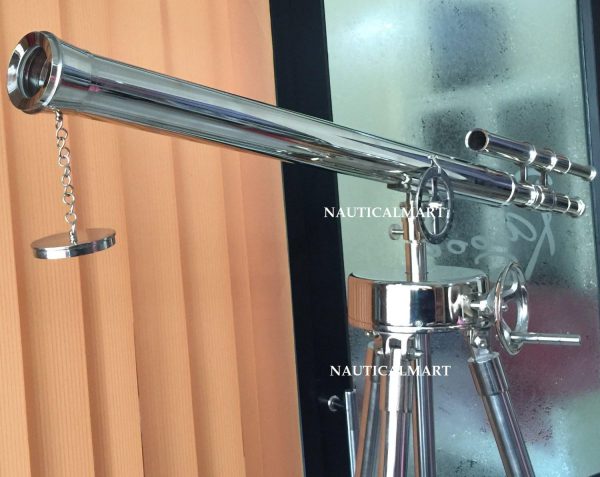 1930'S Designer Nautical Handcraft 41" Double Barrel Full Chrome Telescope with Chrome Stand